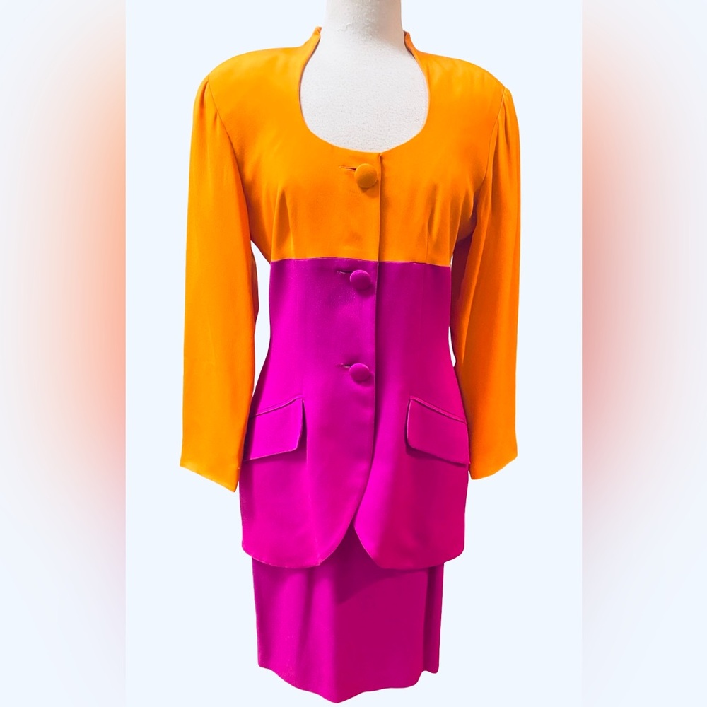 GILLIAN 2pc Orange Fuschia SILK Jacket Top Skirt. Sz 10 Vintage NEW